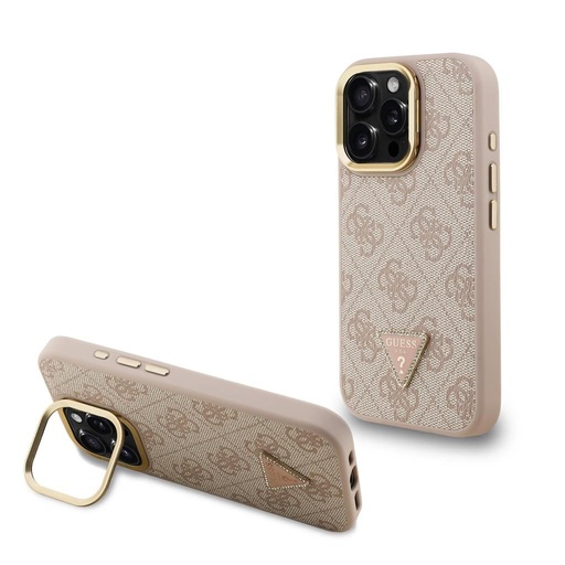 Apple iPhone 15 Pro Guess PU 4G Strass Triangle Logo Stand Camera Frame MagSafe etui (Różowy) - GUHMP15LPCS4GPTP