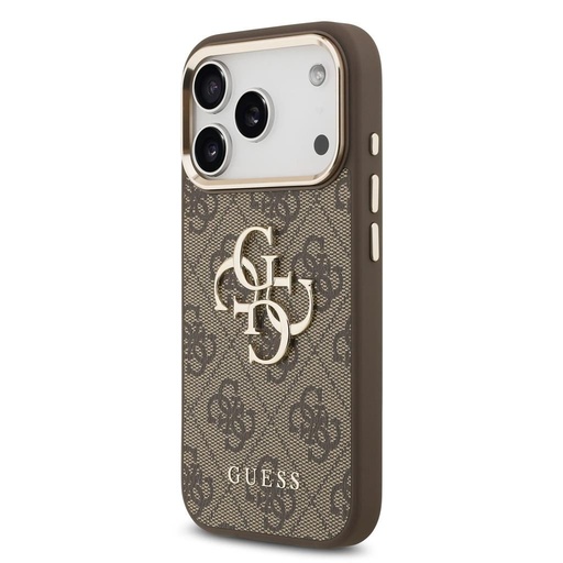 Guess PU Leather 4G Metal Logo Złoty Frame iPhone 17 Pro (Brązowy)