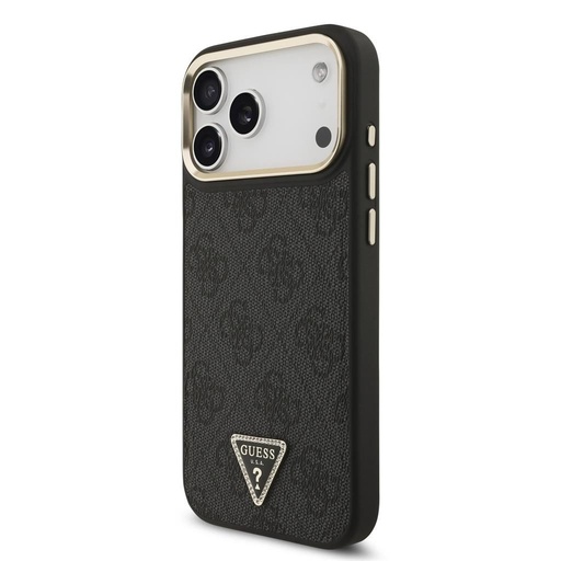 Guess PU Leather 4G Strass Triangle Logo Złoty Frame MagSafe etui iPhone 17 Pro Max (Czarny)