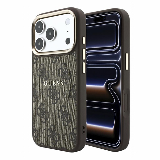 Apple iPhone 18 Pro Max Guess Leather 4G Złoty Frame Embossed MagSafe skóra etui ochronne (Brązowy) (GUHMP18XP4MSEGCW)