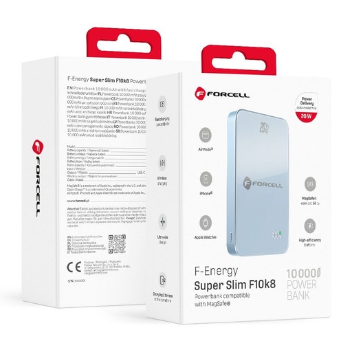 Forcell F-Energy SuperSlim F10K8 MagSafe 15W powerbank / powerbank (Niebieski) - 10000 mAh