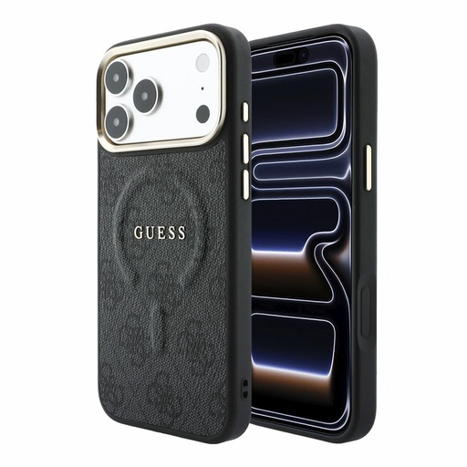 Apple iPhone 18 Pro Guess Leather 4G Złoty Frame Embossed MagSafe skóra etui ochronne (Czarny) (GUHMP18LP4MSEGCK)