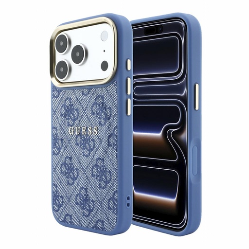 Apple iPhone 18 Pro Max Guess Leather 4G Złoty Frame Embossed MagSafe skóra etui ochronne (Niebieski) (GUHMP18XP4MSEGCB)
