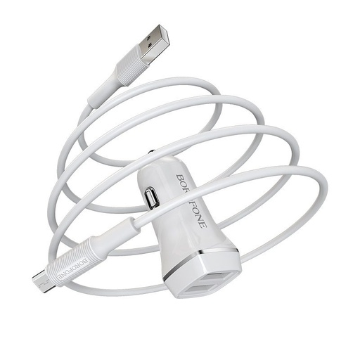 Borofone BZ2 samochodowy ładowarka (2 USB port, microUSB kabel), 5V 2,4A, biały