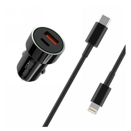 XO TZ11 samochodowy ładowarka (Czarny) – 20W, QC3.0 + PD3.0, USB-C–Lightning kabel