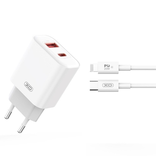XO CE12 PD 20W szybka ładowarka (Biały) – PD 20W + USB-A 18W, USB-C + USB-A złącze, Lightning z kablem