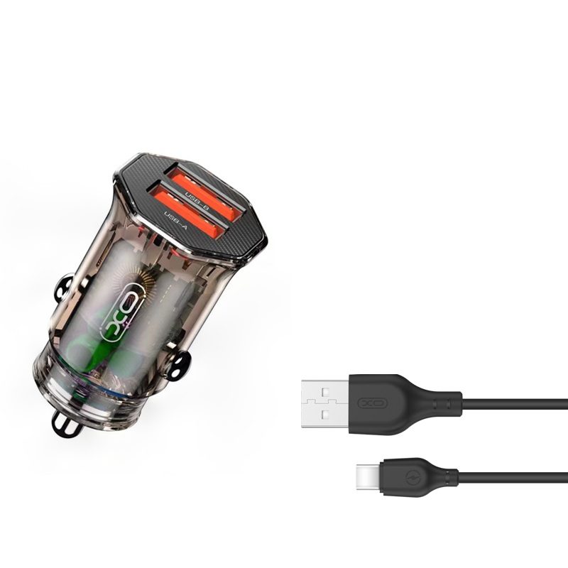 [6920680832811] XO CC49 car charger (2 USB, type-C cable), clear/brown