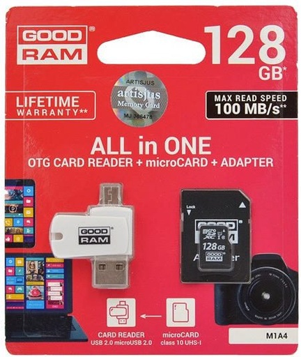 Goodram M1A4-1280R12 128GB class10 karta pamięci, USB OTG z czytnikiem kart, czarny