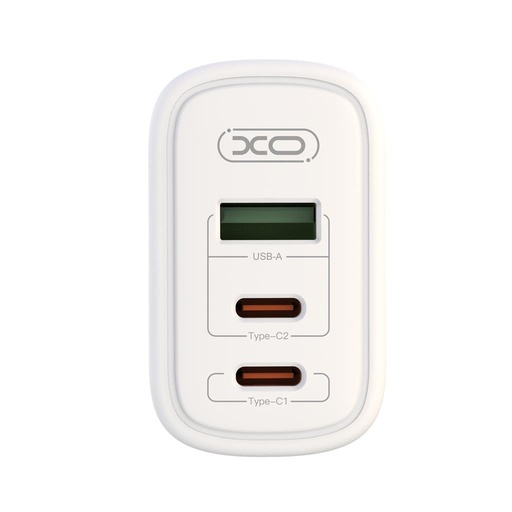 XO CE04 szybka ładowarka max. 65W (Biały) – USB-C PD + USB-A QC, micro USB z kablem