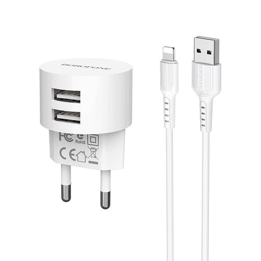 Borofone BA23A sieciowy ładowarka (2 USB port), lightning kabel, 5V 2,4A, biały