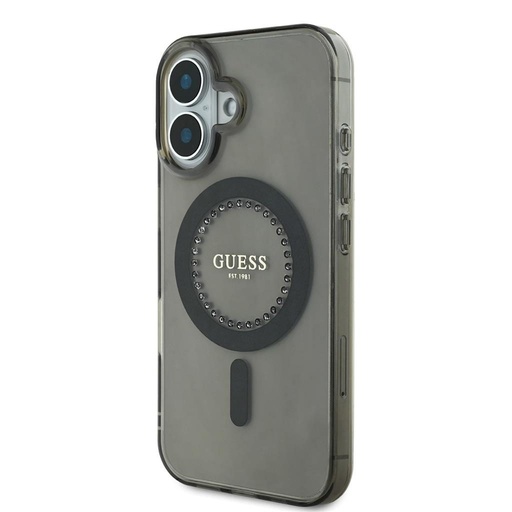 Apple iPhone 16 Pro Guess IML Rhinestones Ring MagSafe etui (Czarny) - GUHMP16LPFTDTEK
