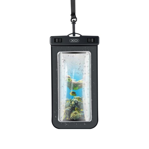 XO KT01 PVC wodoodporny etui na telefon otwierany ablakkal i ze smyczą (Czarny)