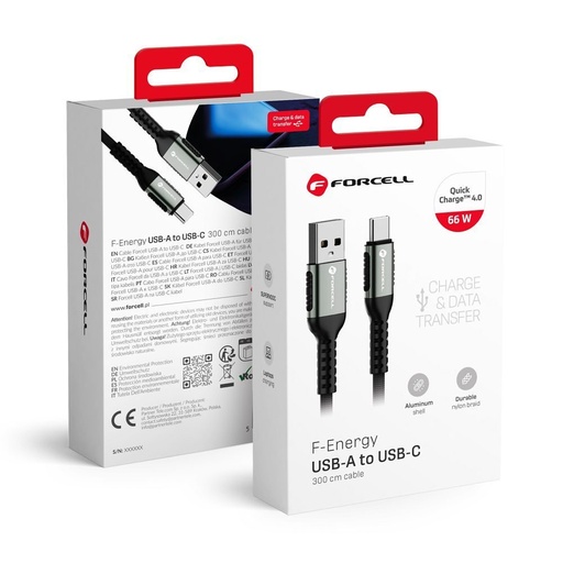 Forcell F-ENERGY C256 USB-A / USB-C kabel QC4.0 3A 66W Cafule (Czarny) - 3m