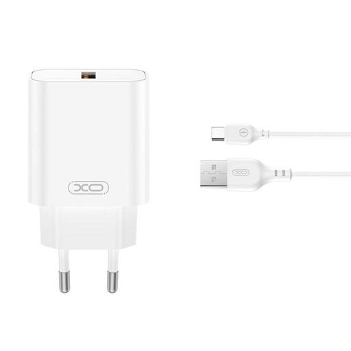 XO CE33(EU) sieciowy szybka ładowarka + Type-C kabel (Biały) - 18W, QC3.0, NB103 zestaw