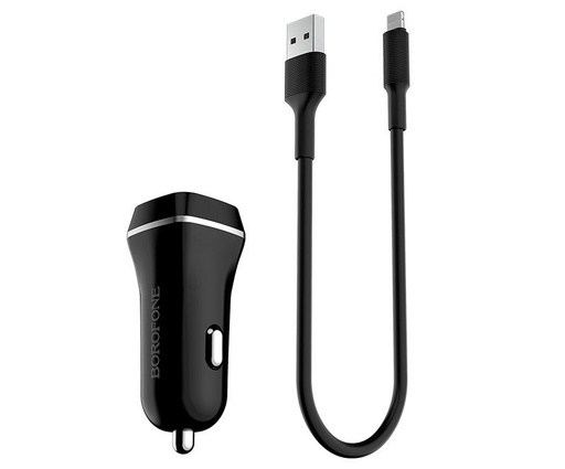 Borofone BZ2 samochodowy ładowarka (2 USB port, lightning kabel), 5V 2,4A, czarny