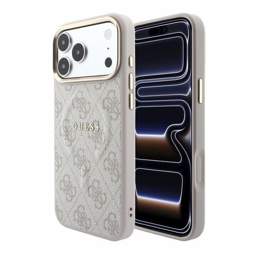 Apple iPhone 18 Pro Max Guess Leather 4G Złoty Frame Embossed MagSafe skóra etui ochronne (Różowy) (GUHMP18XP4MSEGCP)