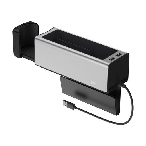Baseus CRCWH-A0S , samochodowy podłokietnik schowek z uchwytem na kubek 2xUSB ze złączem srebrny, 2A, srebrny