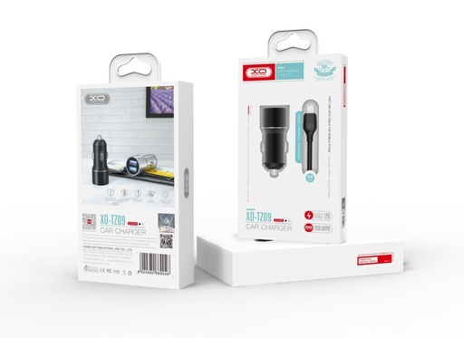 XO TZ09 samochodowy ładowarka (Czarny) – 2×USB, Type-C kabel, aluminium obudowa, 12W