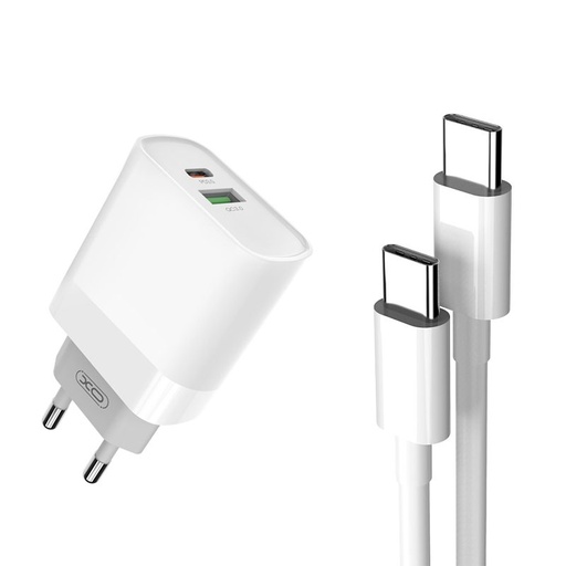XO L64 PD 20W szybka ładowarka (Biały) – PD 20W + QC 3.0, USB-A + USB-C złącze, Type-C z kablem