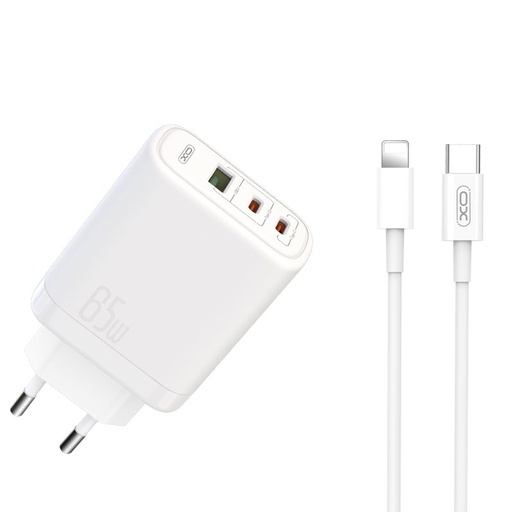 XO CE04 szybka ładowarka max. 65W (Biały) – USB-C PD + USB-A QC, micro USB z kablem